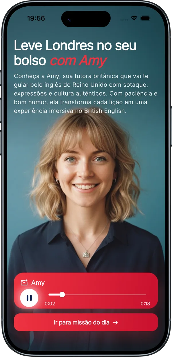 Tela do app ICG Abroad em um iPhone, com a Amy, tutora virtual, e o botão Ir para missão do dia.